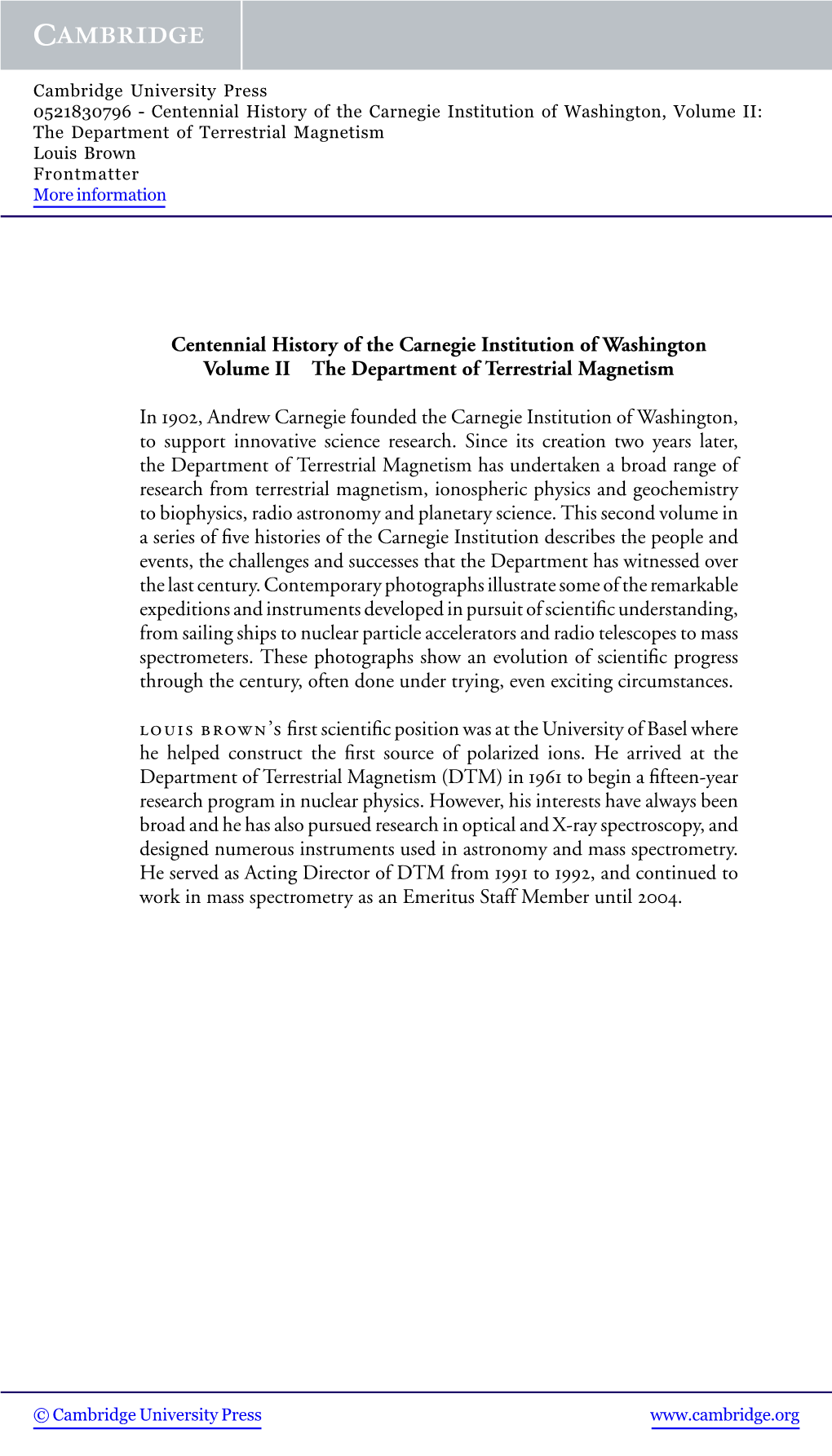 Centennial History of the Carnegie Institution of Washington, Volume II: the Department of Terrestrial Magnetism Louis Brown Frontmatter More Information