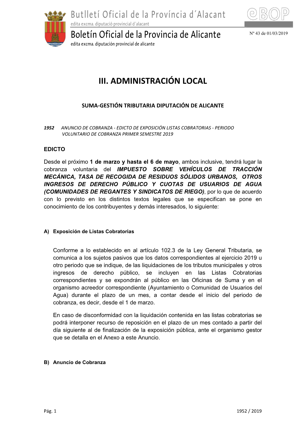 Butlletí Oficial De La Província D´Alacant Boletín Oficial De La