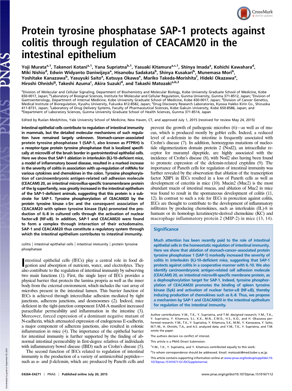 Protein Tyrosine Phosphatase SAP-1 Protects Against Colitis Through Regulation of CEACAM20 in the Intestinal Epithelium