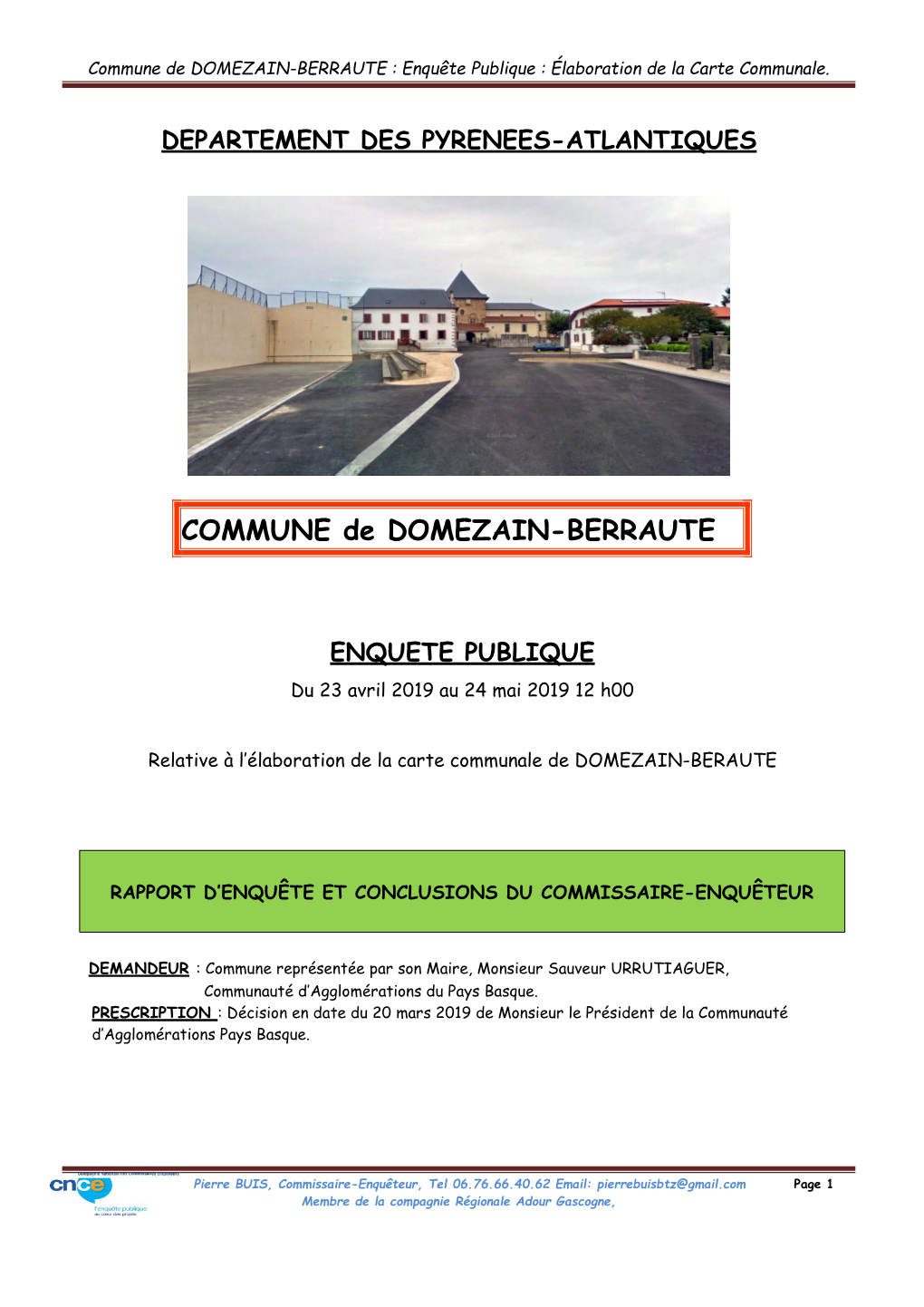 Commune De DOMEZAIN-BERRAUTE : Enquête Publique : Élaboration De La Carte Communale