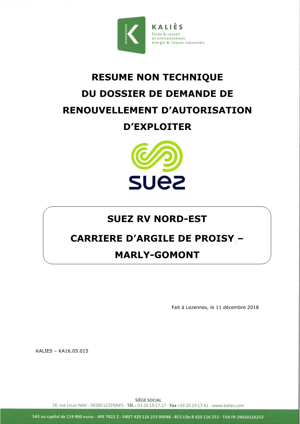 Resume Non Technique Du Dossier De Demande De Renouvellement D’Autorisation D’Exploiter