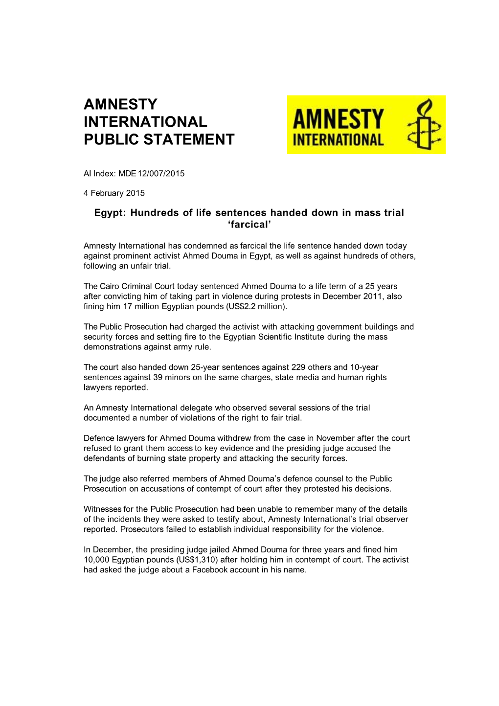 Amnesty International Public Statement