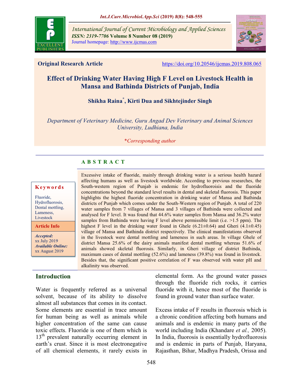 Effect of Drinking Water Having High F Level on Livestock Health in Mansa and Bathinda Districts of Punjab, India