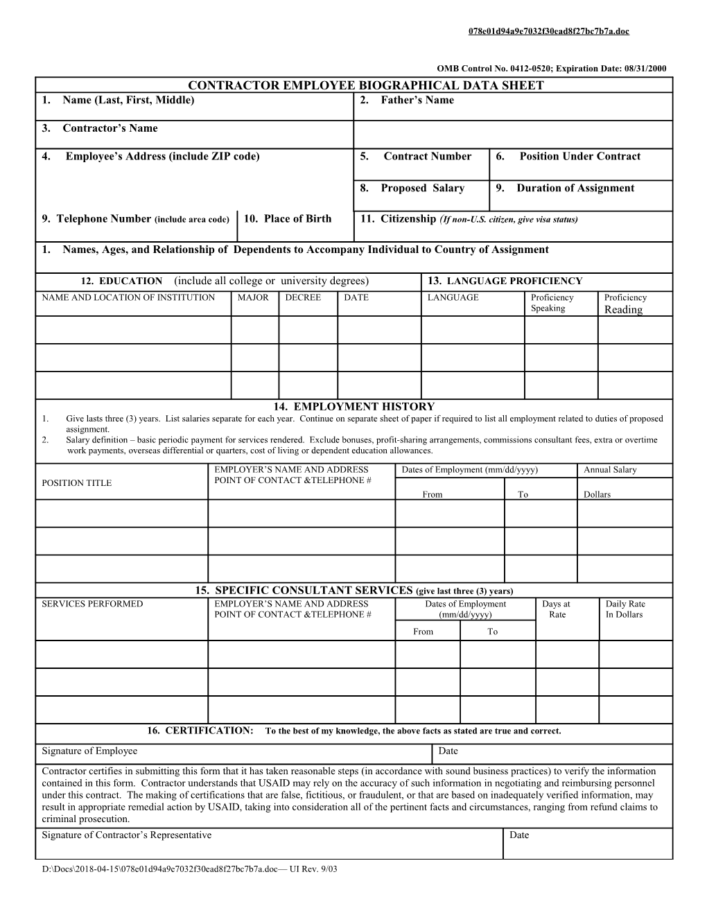 Contractor Employee Biographical Data Sheet s2