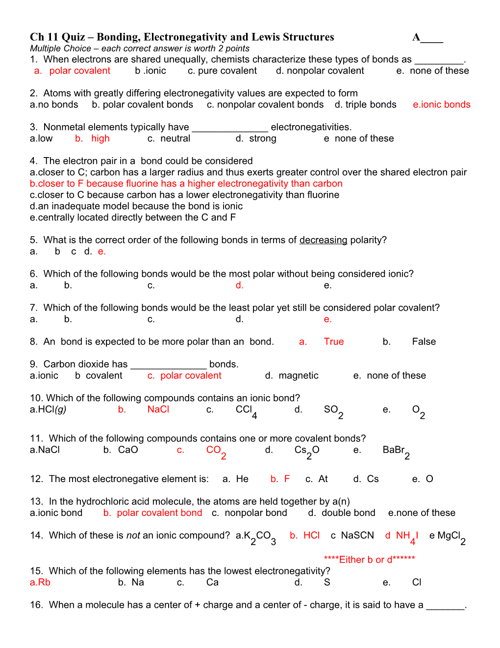 Ch 11 Quiz Bonding, Electronegativity and Lewis Structures