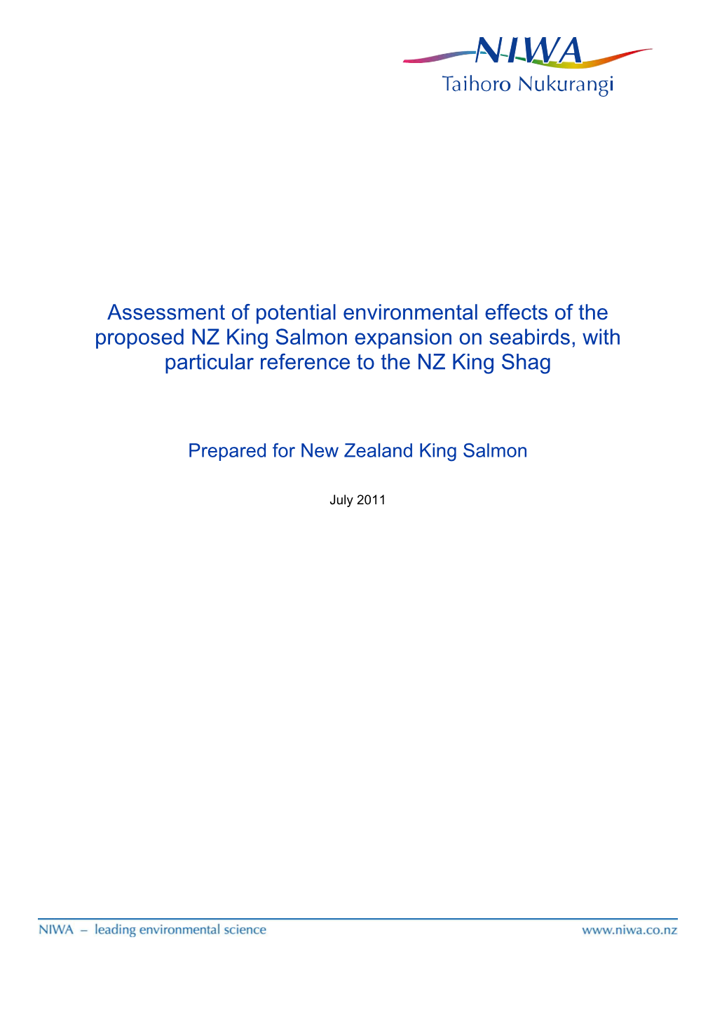 Assessment of Potential Environmental Effects of the Proposed NZ King Salmon Expansion on Seabirds, with Particular Reference to the NZ King Shag