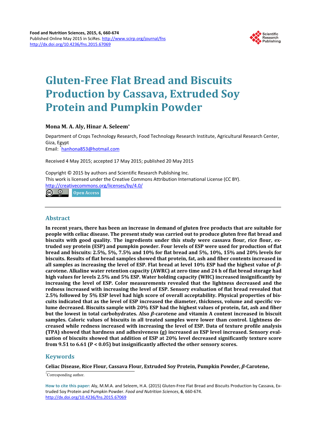 Gluten-Free Flat Bread and Biscuits Production by Cassava, Extruded Soy Protein and Pumpkin Powder