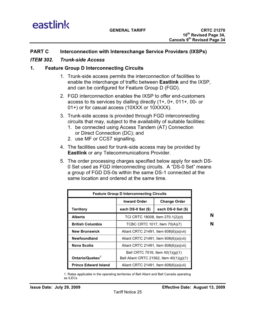 Eastlink General Tariff