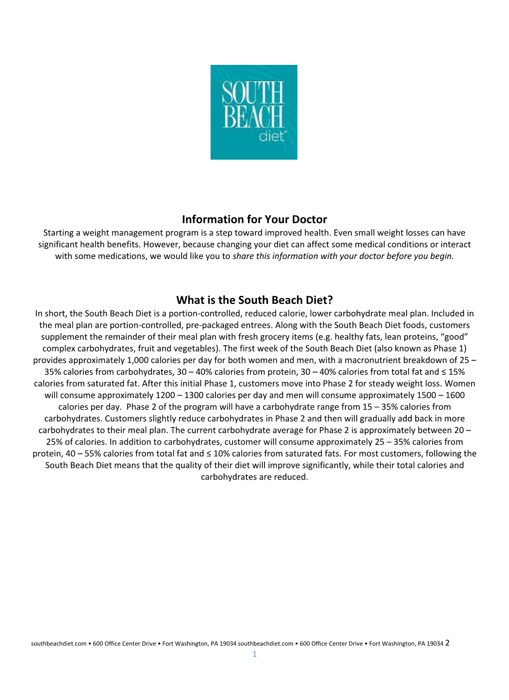 Information for Your Doctor What Is the South Beach Diet?