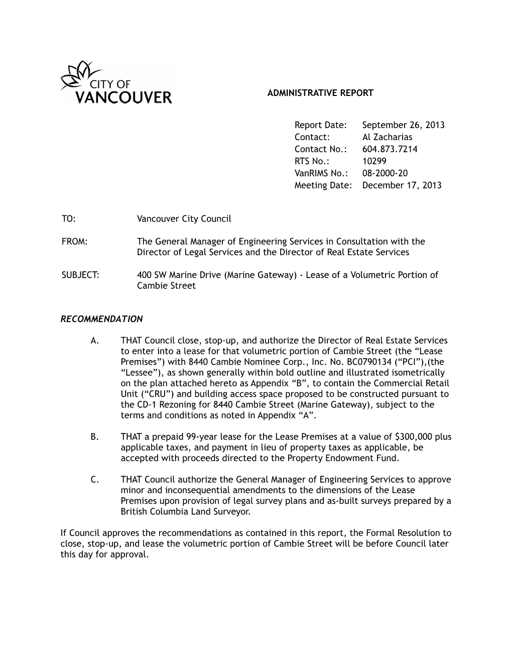 Marine Gateway) - Lease of a Volumetric Portion of Cambie Street