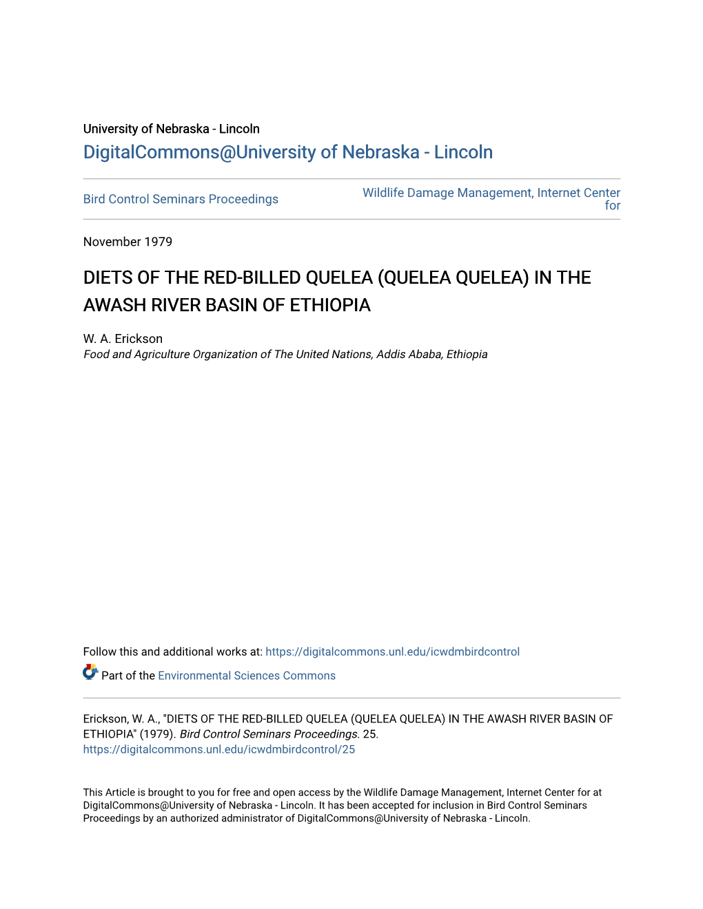 Diets of the Red-Billed Quelea (Quelea Quelea) in the Awash River Basin of Ethiopia