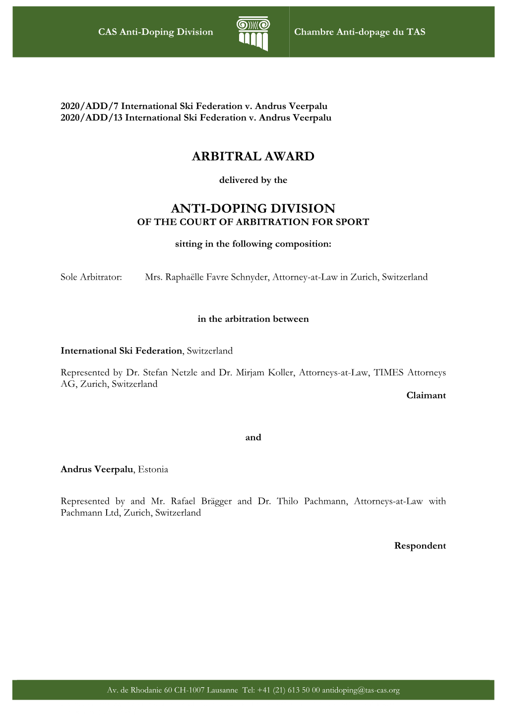 Arbitral Award Anti-Doping Division