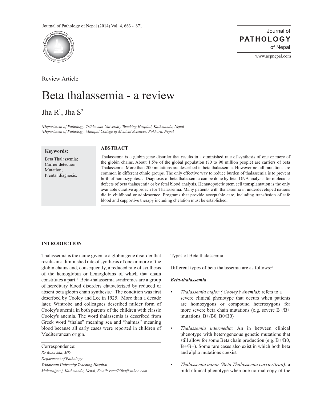 Beta Thalassemia - a Review Jha R1, Jha S2
