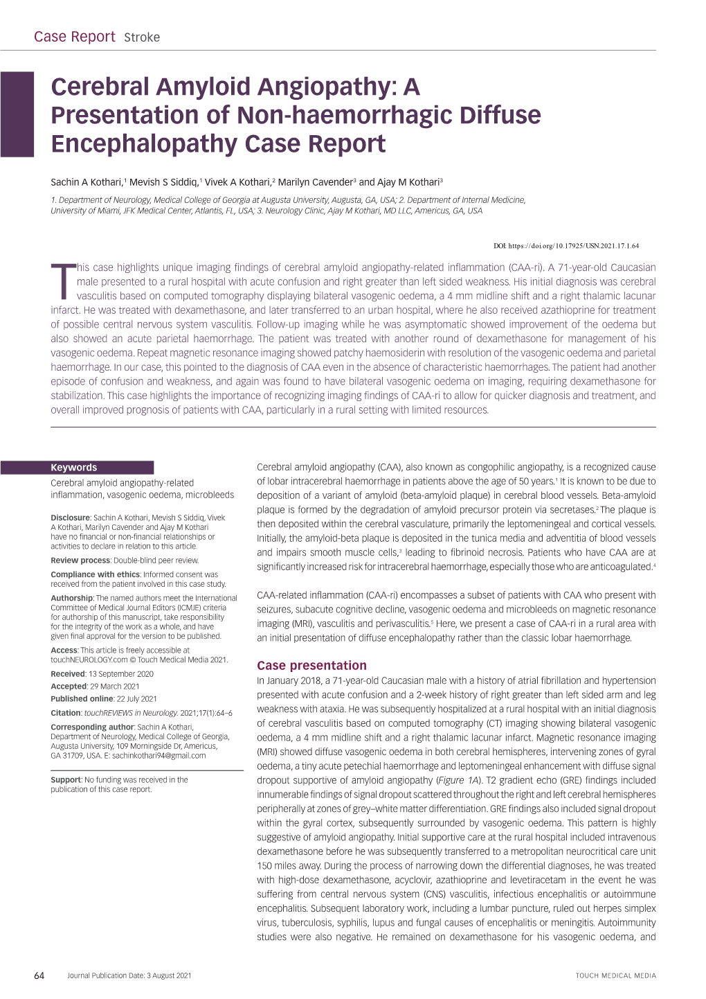 Cerebral Amyloid Angiopathy: a Presentation of Non-Haemorrhagic Diffuse Encephalopathy Case Report