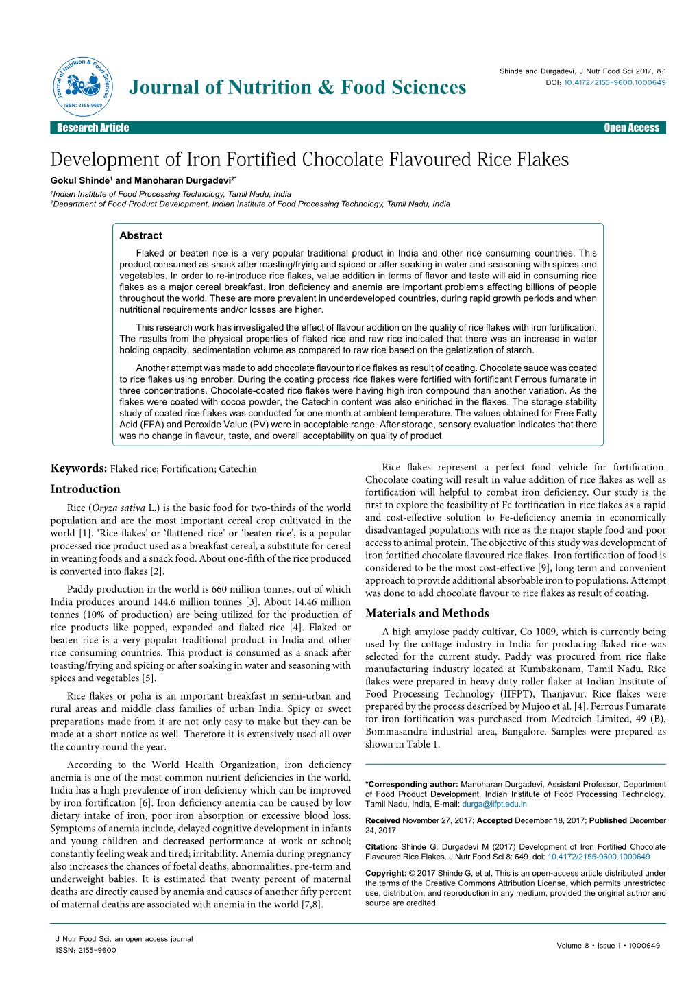 Development of Iron Fortified Chocolate Flavoured Rice Flakes