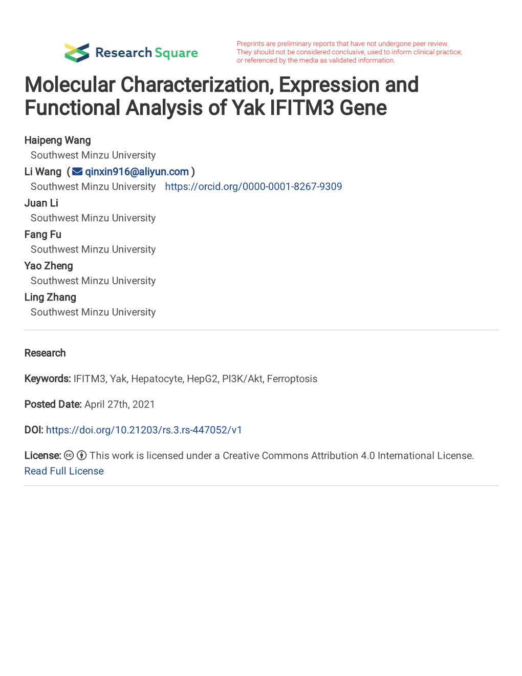 Molecular Characterization, Expression and Functional Analysis of Yak IFITM3 Gene