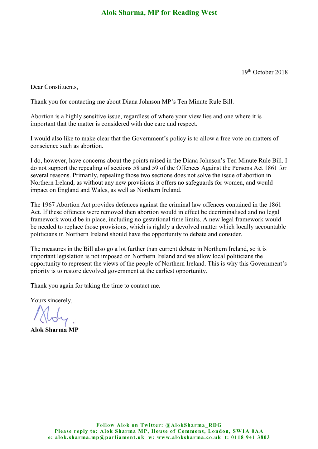 155. Alok's Response Concerning Diana Johnson MP's