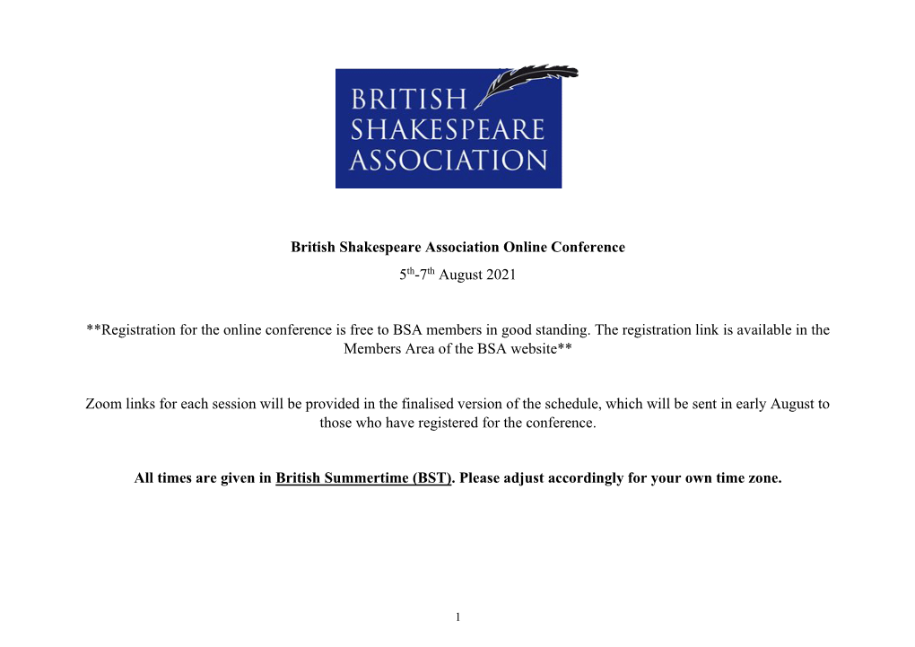 British Shakespeare Association Online Conference 5Th-7Th August 2021 **Registration for the Online Conference Is Free to BSA M