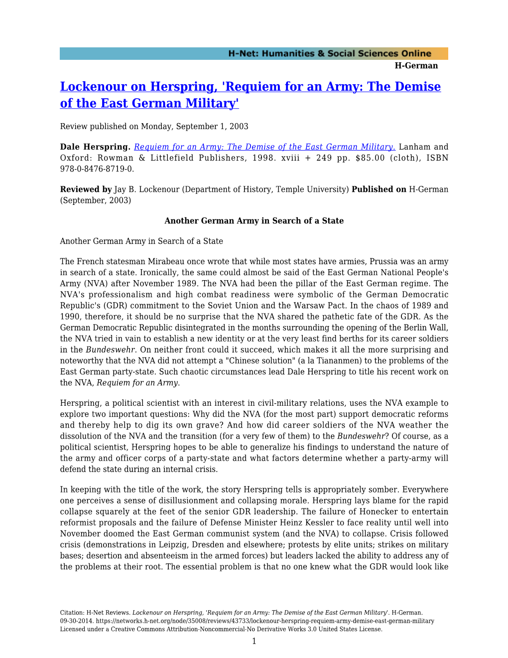Lockenour on Herspring, 'Requiem for an Army: the Demise of the East German Military'
