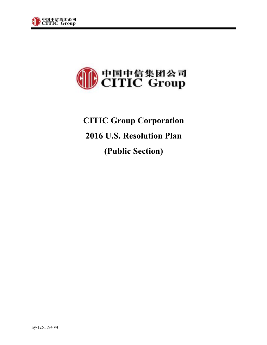 CITIC Group Corporation 2016 U.S. Resolution Plan (Public Section)