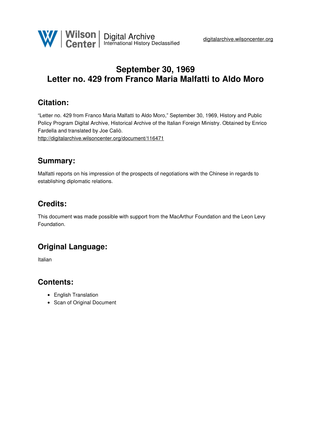 September 30, 1969 Letter No. 429 from Franco Maria Malfatti to Aldo Moro