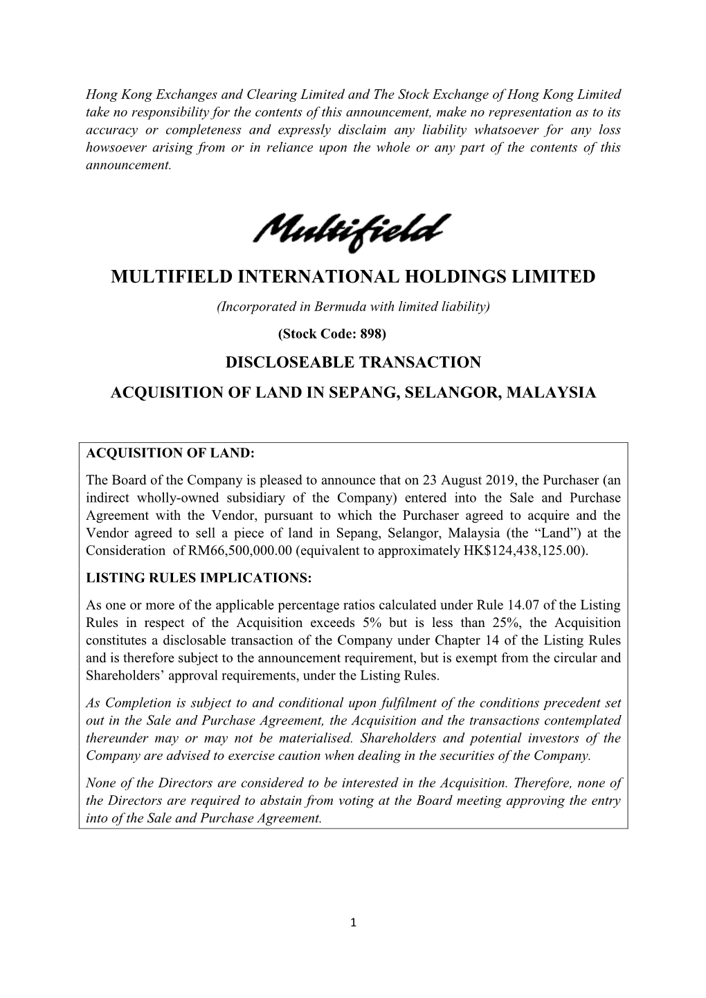 MULTIFIELD INTERNATIONAL HOLDINGS LIMITED (Incorporated in Bermuda with Limited Liability)