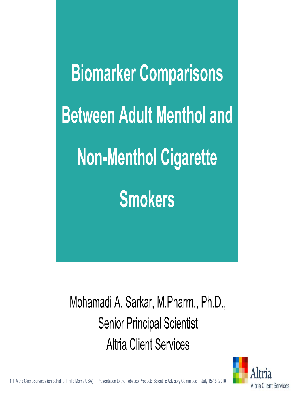 Biomarker Comparisons Between Adult Menthol and Non-Menthol Cigarette Smokers