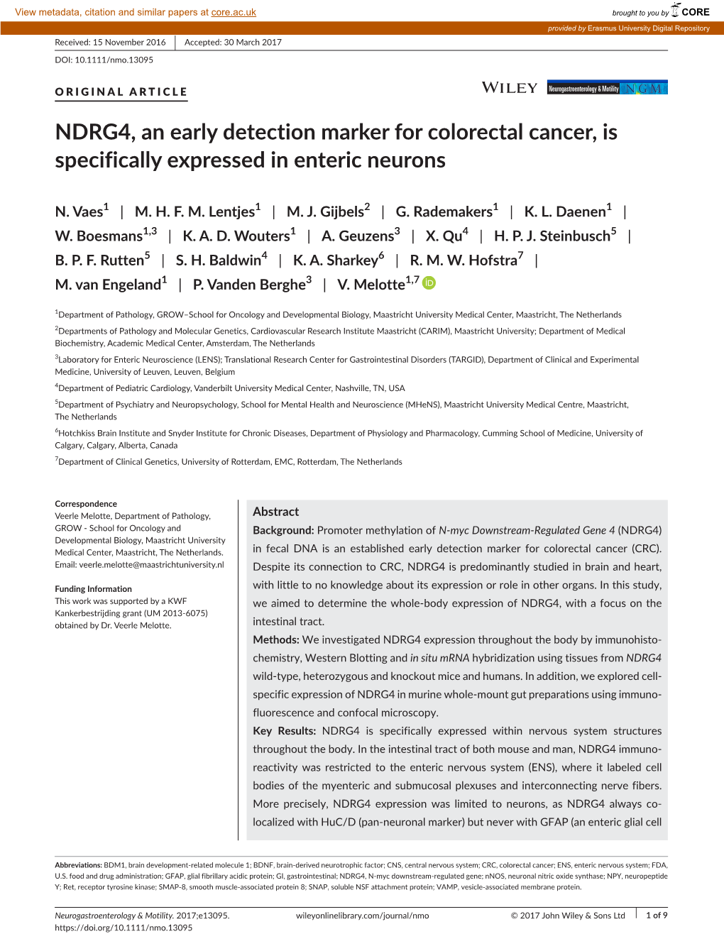 NDRG4, an Early Detection Marker for Colorectal Cancer, Is Specifically Expressed in Enteric Neurons