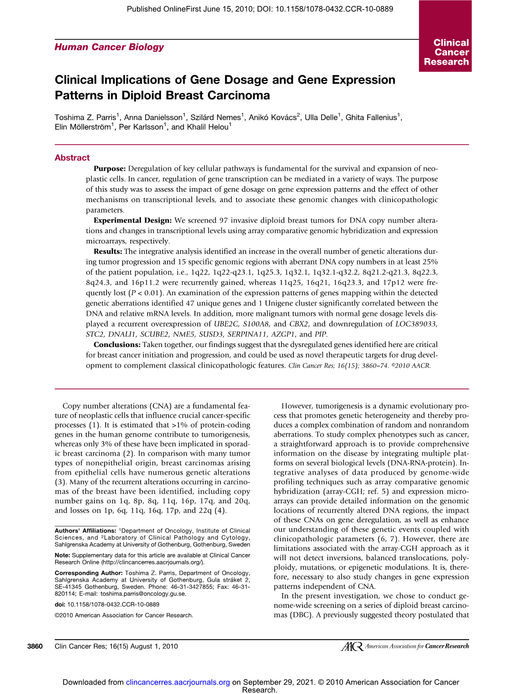 Clinical Implications of Gene Dosage and Gene Expression Patterns in Diploid Breast Carcinoma
