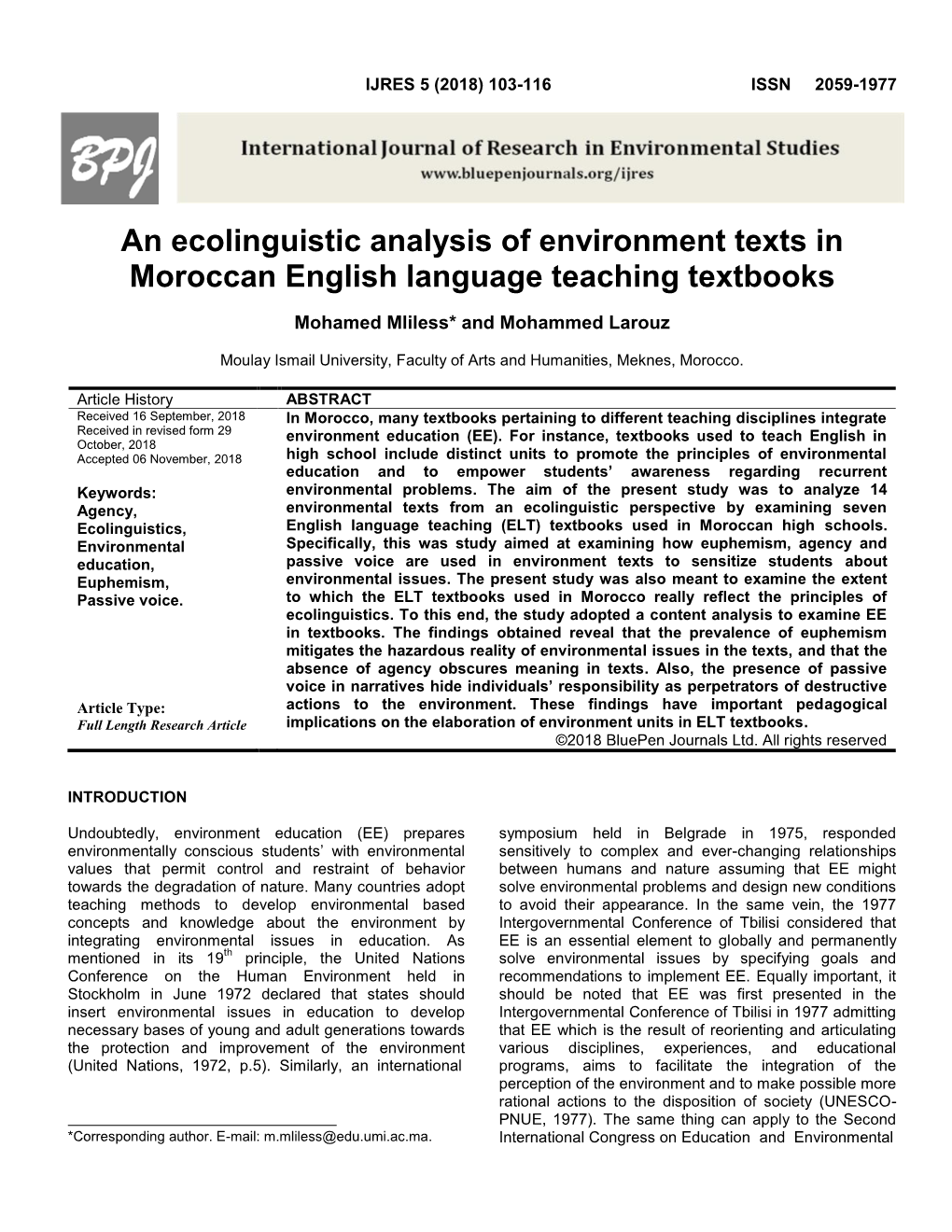 An Ecolinguistic Analysis of Environment Texts in Moroccan English Language Teaching Textbooks