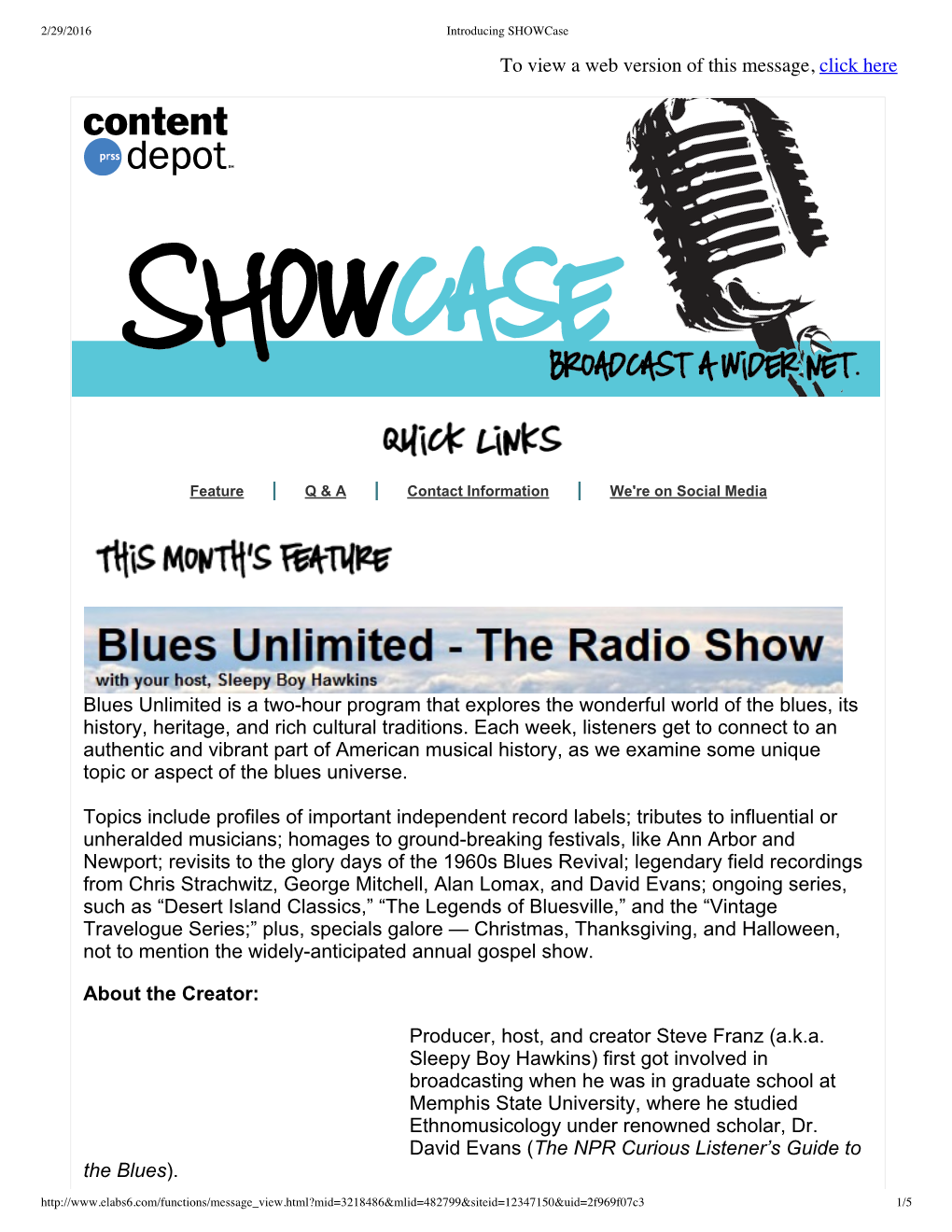 Blues Unlimited Is a Two­Hour Program That Explores the Wonderful World of the Blues, Its History, Heritage, and Rich Cultural Traditions
