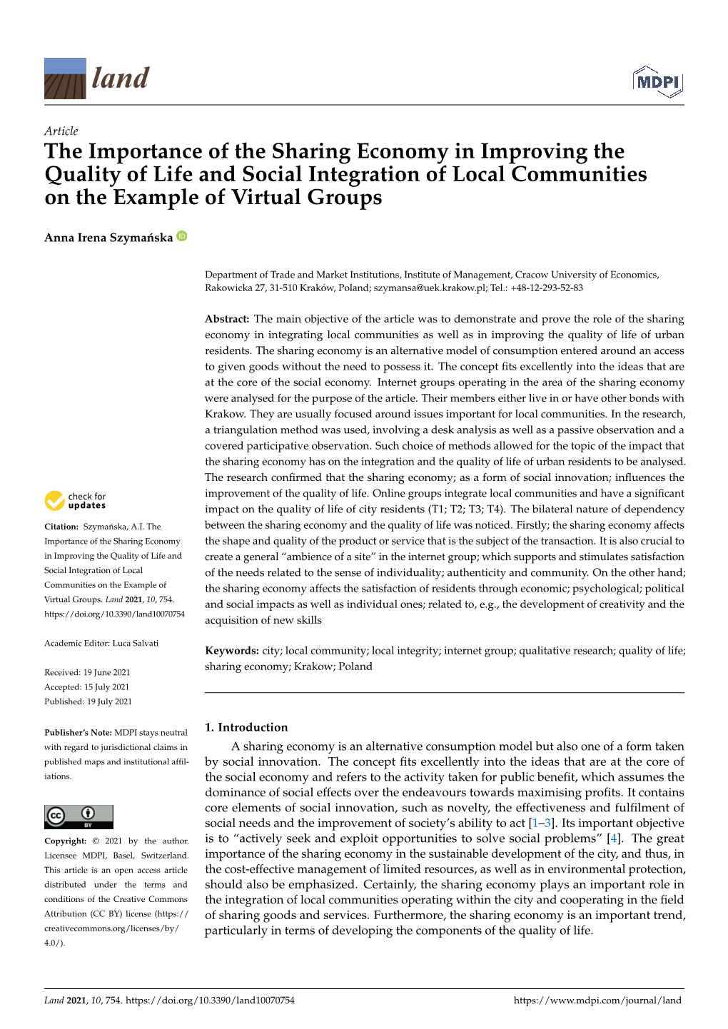 The Importance of the Sharing Economy in Improving the Quality of Life and Social Integration of Local Communities on the Example of Virtual Groups