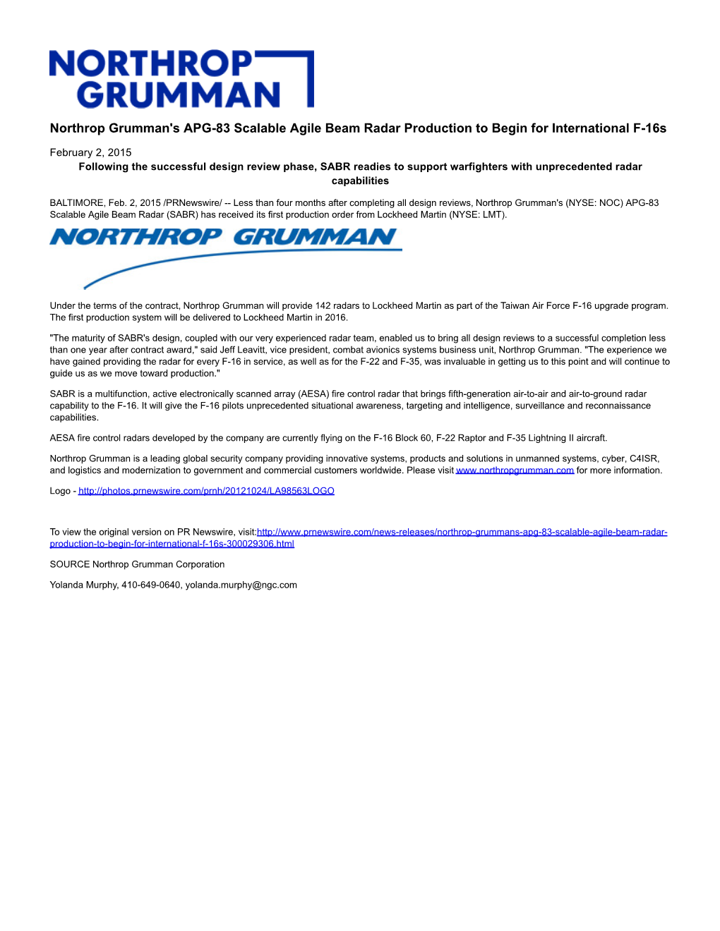 Northrop Grumman's APG-83 Scalable Agile Beam Radar Production to Begin for International F-16S