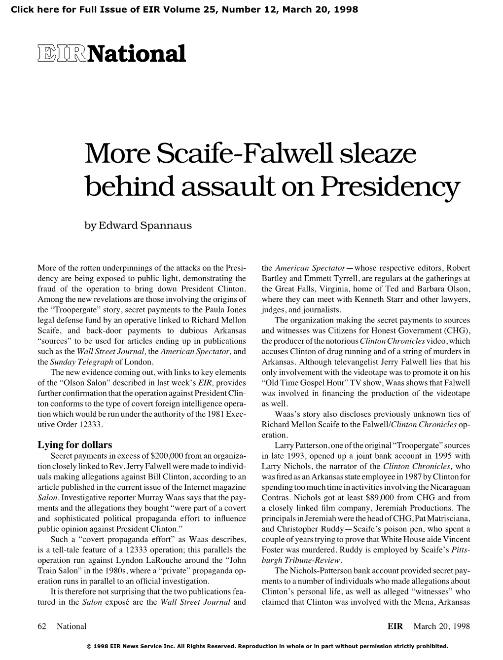 Scaife-Falwell Sleaze Behind Assault on Presidency