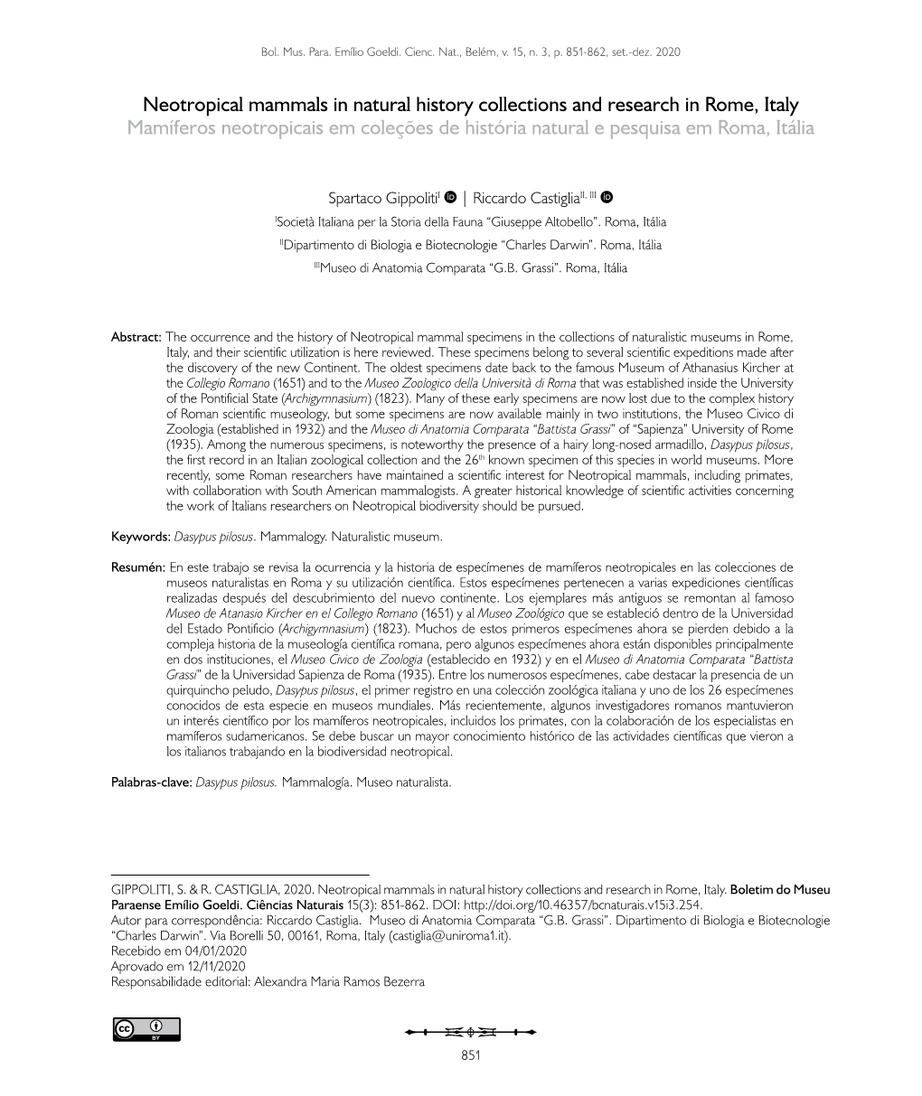 Neotropical Mammals in Natural History Collections and Research in Rome, Italy Mamíferos Neotropicais Em Coleções De História Natural E Pesquisa Em Roma, Itália