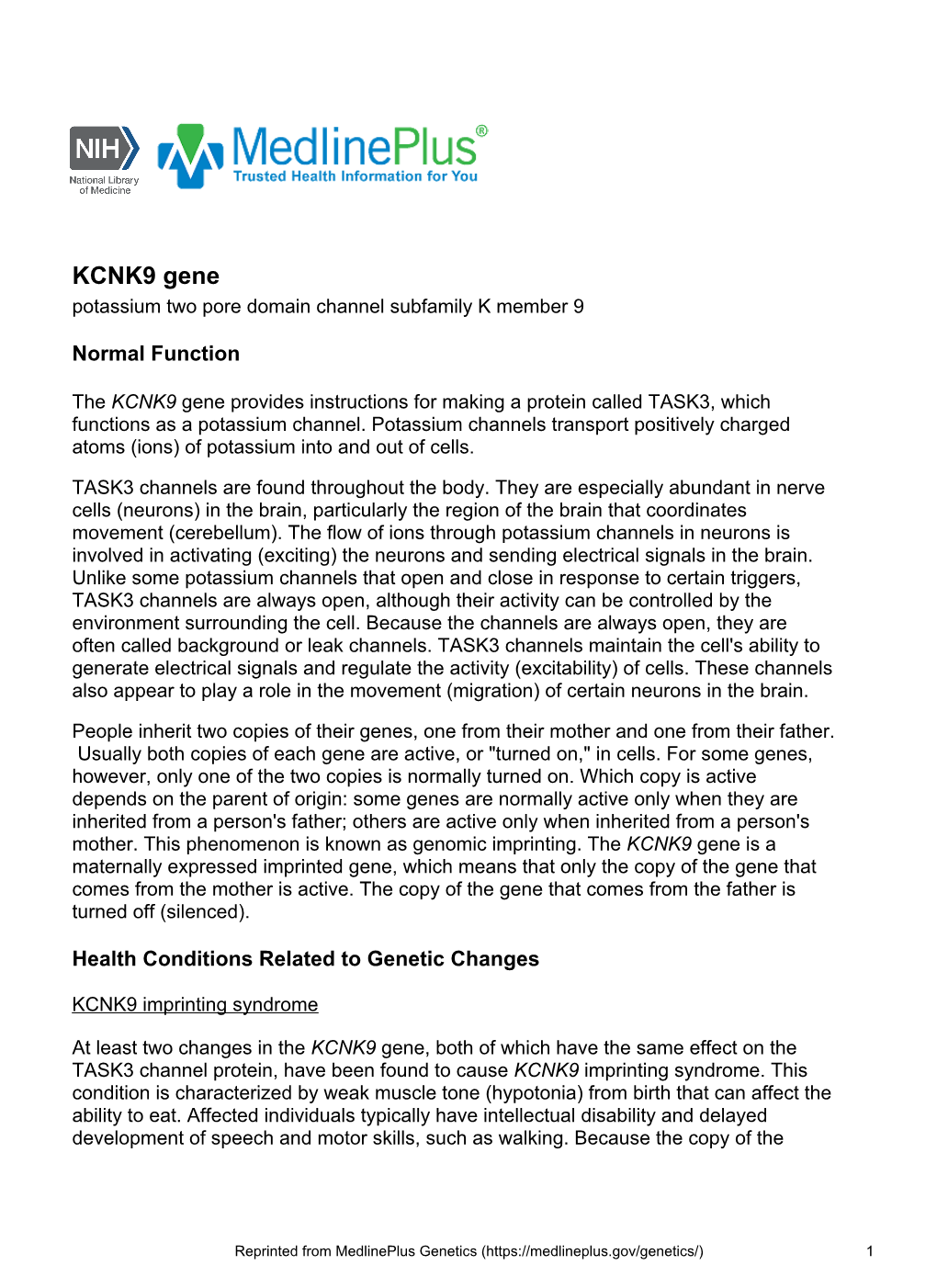 KCNK9 Gene Potassium Two Pore Domain Channel Subfamily K Member 9