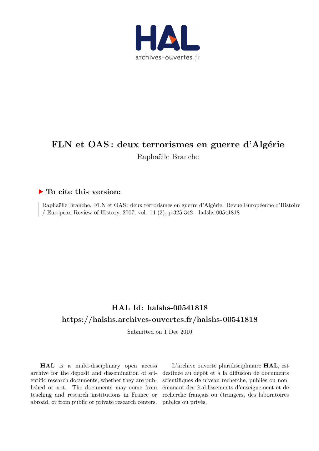 FLN Et OAS : Deux Terrorismes En Guerre D’Algérie Raphaëlle Branche