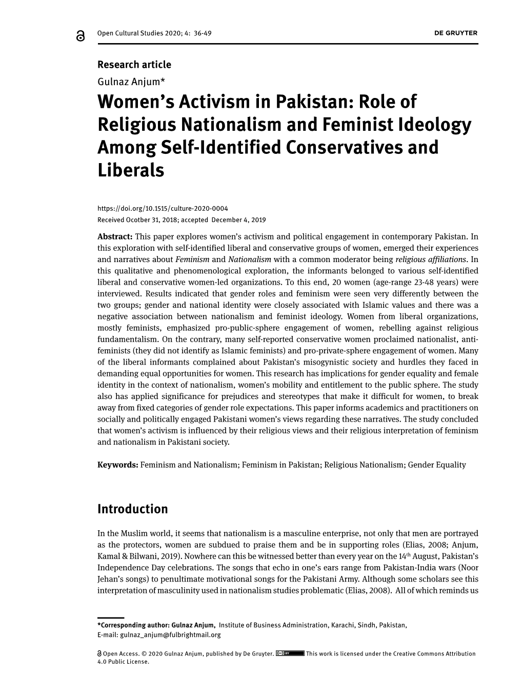 Women's Activism in Pakistan: Role of Religious Nationalism and Feminist