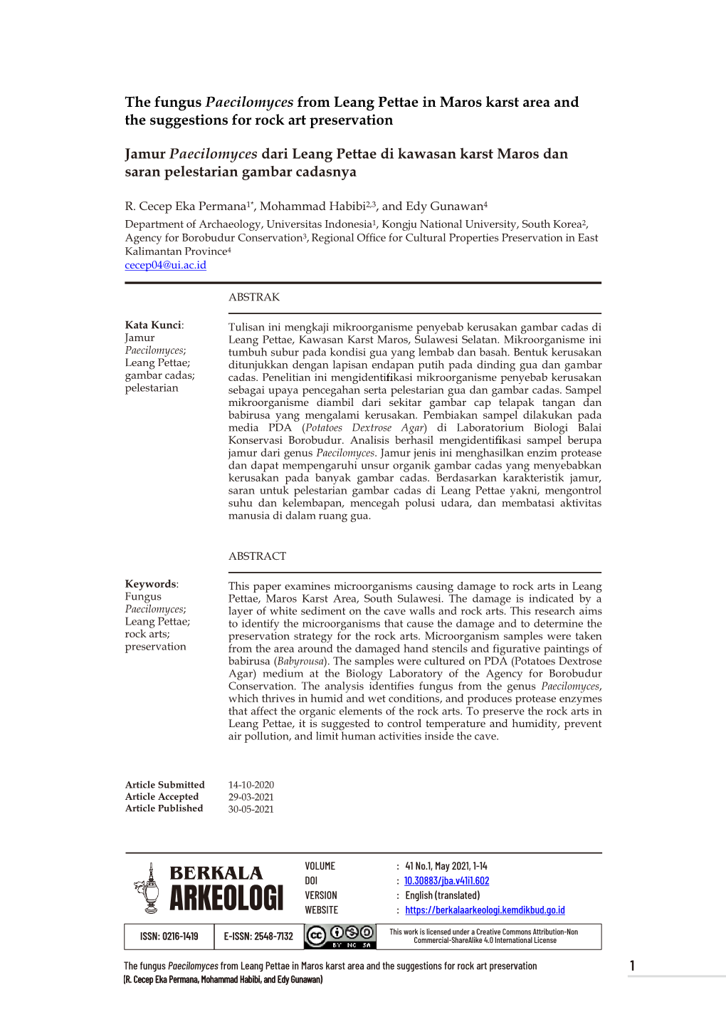 The Fungus Paecilomyces from Leang Pettae in Maros Karst Area and the Suggestions for Rock Art Preservation