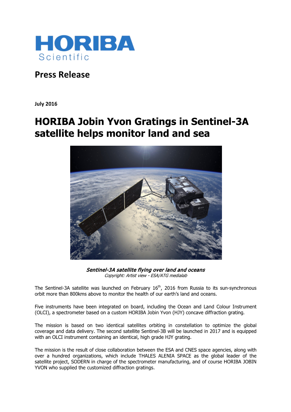 HORIBA Jobin Yvon Gratings in Sentinel-3A Satellite Helps Monitor Land and Sea