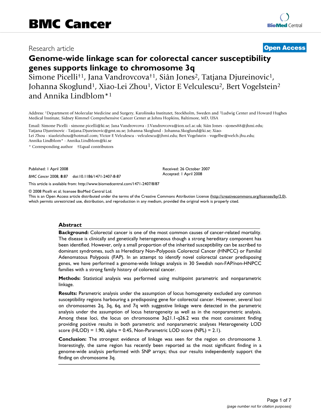 Genome-Wide Linkage Scan for Colorectal Cancer Susceptibility