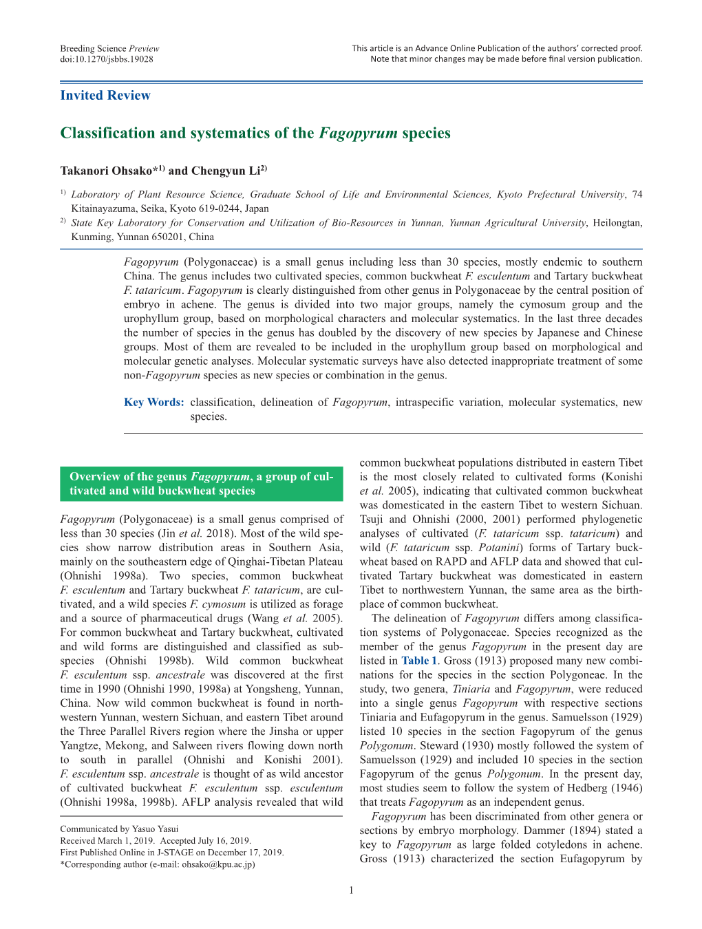 Classification and Systematics of the Fagopyrum Species