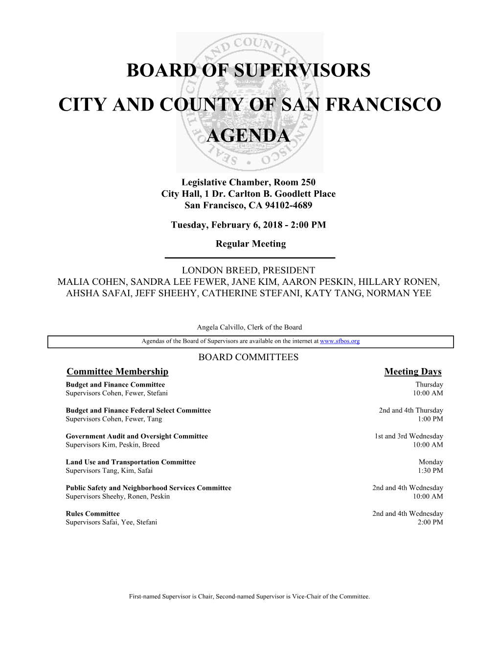 Board of Supervisors City and County of San Francisco Agenda