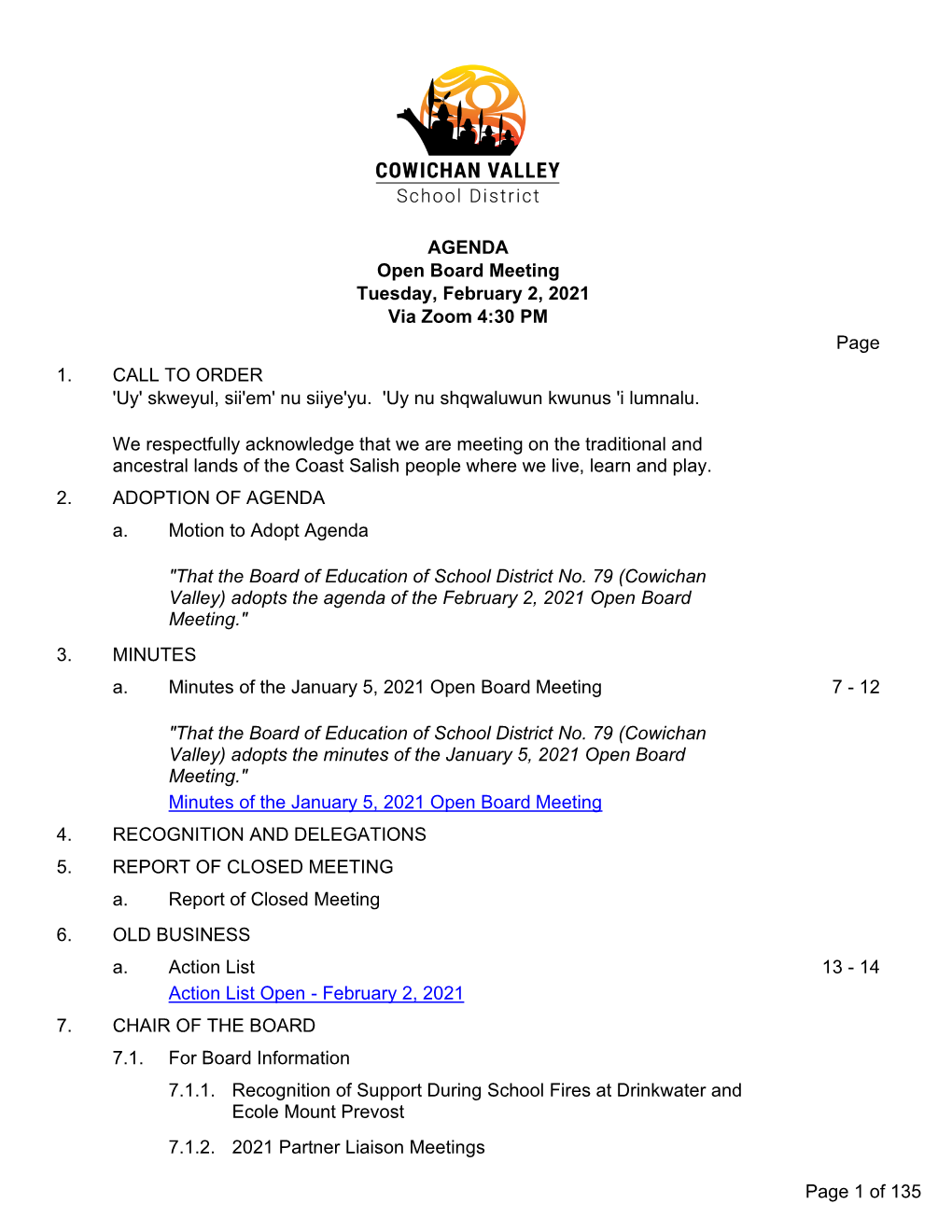 Open Board Meeting Tuesday, February 2, 2021 Via Zoom 4:30 PM Page