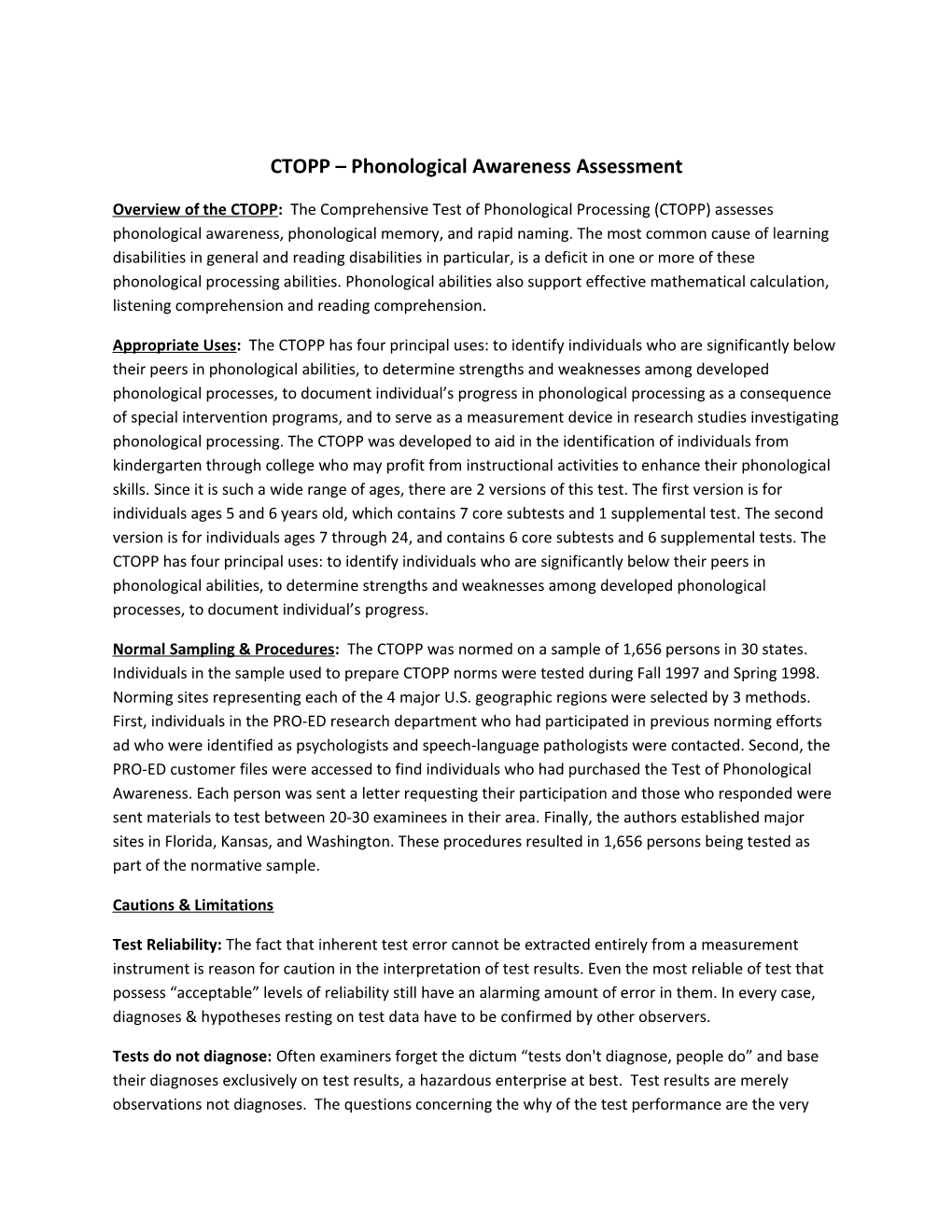 CTOPP Phonological Awareness Assessment