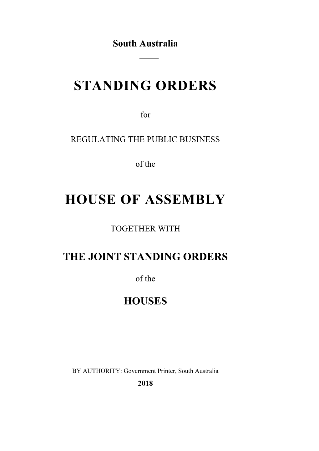 Standing Orders House of Assembly