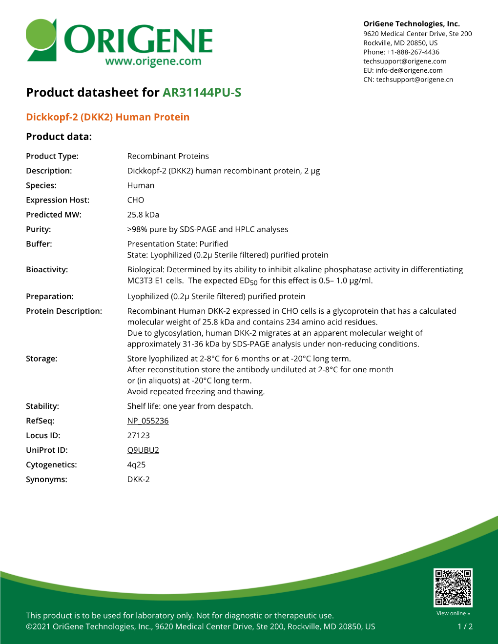 Dickkopf-2 (DKK2) Human Protein – AR31144PU-S | Origene