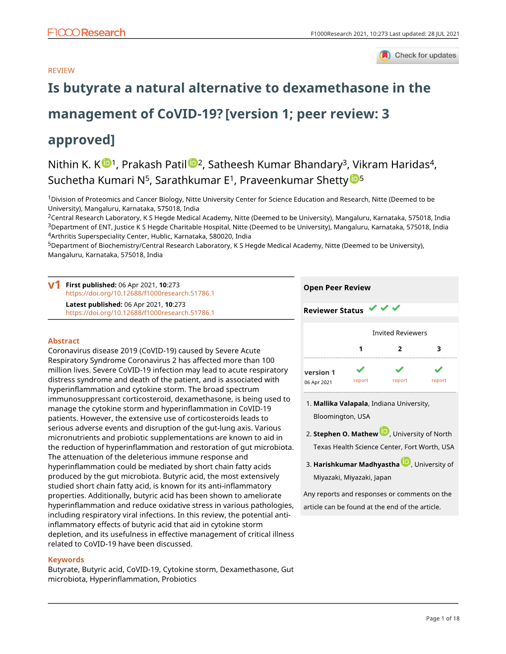 Is Butyrate a Natural Alternative to Dexamethasone in the Management of Covid-19? [Version 1; Peer Review: 3 Approved]