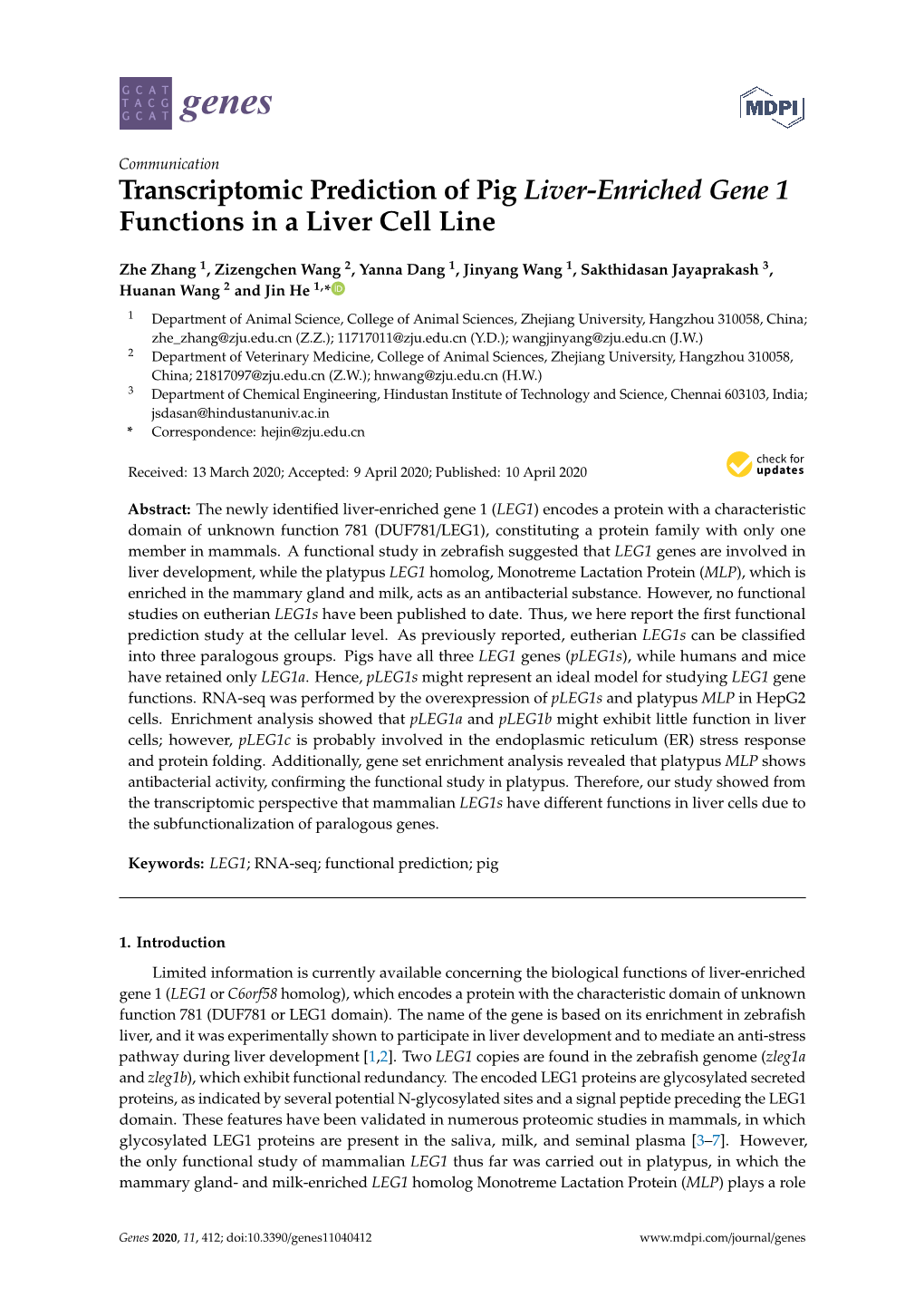 Transcriptomic Prediction of Pig Liver-Enriched Gene 1 Functions in a Liver Cell Line