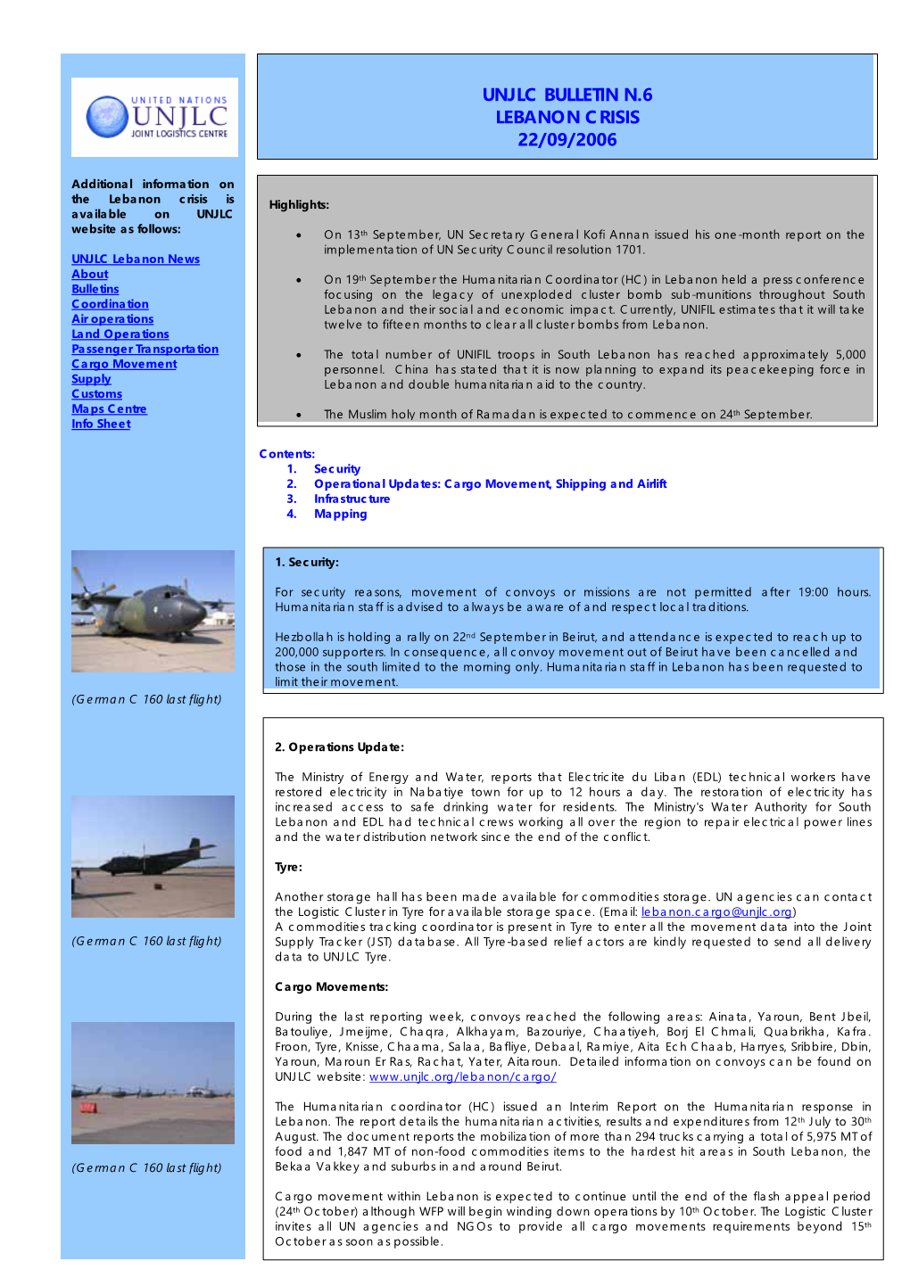 Unjlc Bulletin N.6 Lebanon Crisis 22/09/2006